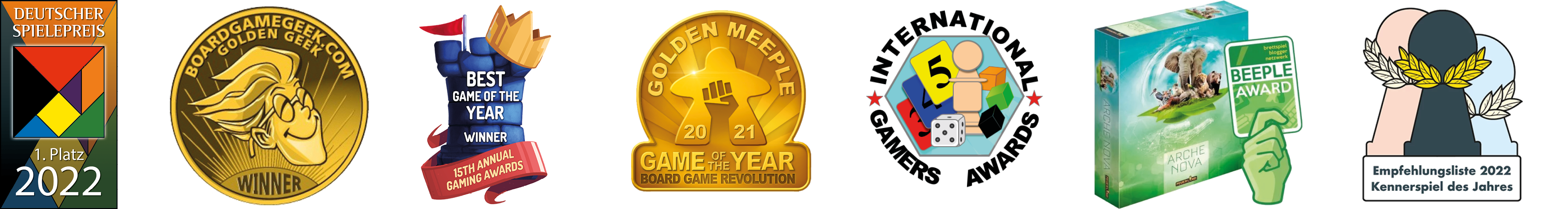 Ein Auszug von den Awards, die das Spiel Arche Nova im Jahr gewonnen hat.